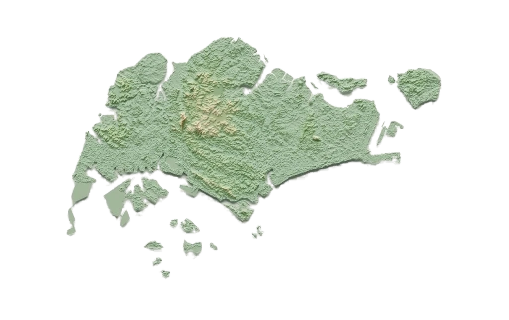 Relief map of Singapore, tinted by haze level in each of five regions
